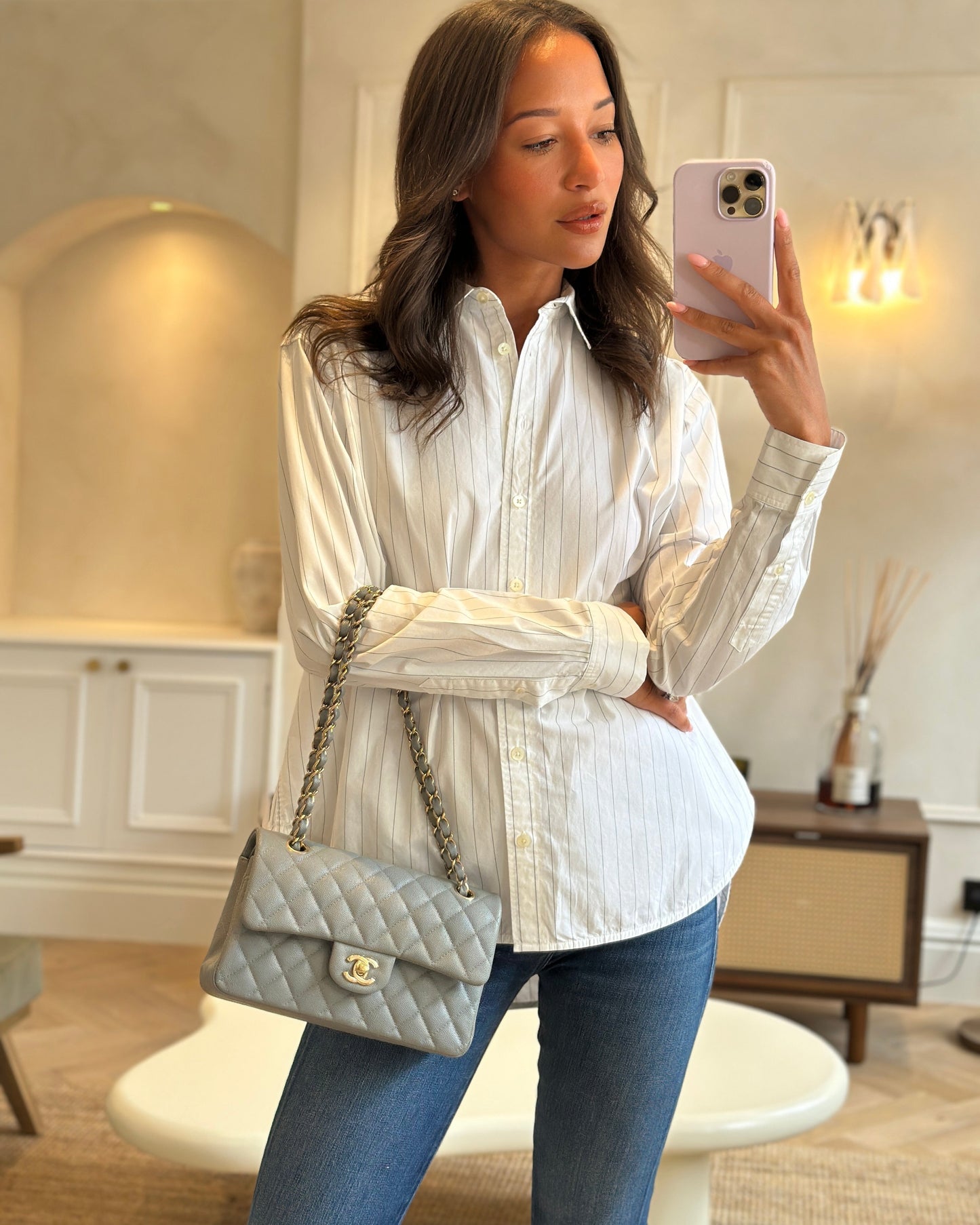 *HOT & RARE* Chanel Stone Grey Small Classic Double Flap Bag in Caviar Leather with Champagne Gold Hardware