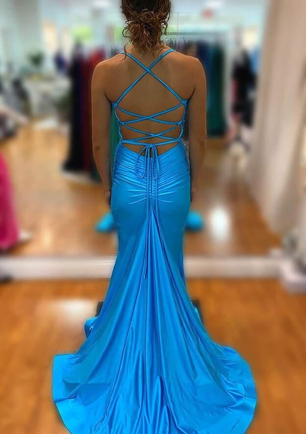 Elegant Blue V Neck Prom Dress With Split,Blue Ball Dresses