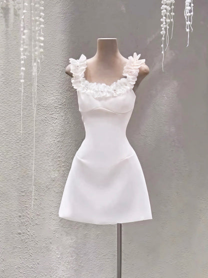 Cute A line Square Neck White Party Dresses Short Formal Homecoming Dresses Night Chic Elegant Cocktail Dresses 16th Birthday Outfits Hoco Dress DH2761