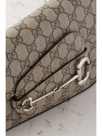GUCCI Horsebit 1955 leather-trimmed printed coated-canvas shoulder bag
