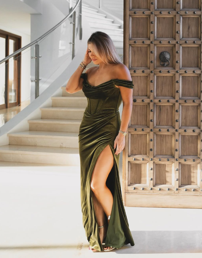 Green Sheath Off the Shoulder Corset Velvet Long Prom Dress Evening Dress with Slit SH2034
