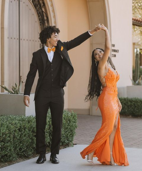 Orange V Neck Slit Prom Dress Long Evening Dress SH708