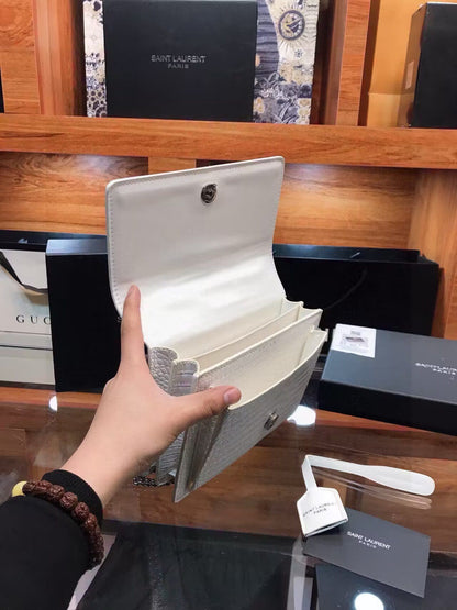 SAINT LAURENT Calfskin Crocodile Embossed Medium Monogram Sunset Icy White