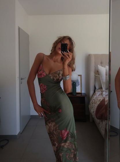 Retro Green Print Floral Strapless Satin Long Outfit Party Dress Vacation Dress Birthday Dress SH3518