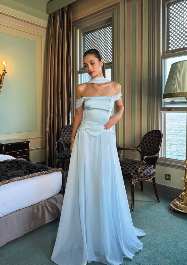 Elegant Baby Blue A Line Off the Shoulder Chiffon Satin Prom Dress Evening Dress Formal Dress SH3745