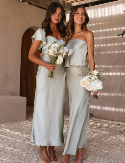 Simple A Line Sage Green Satin Evening Dress Bridesmaid Dress SH2702