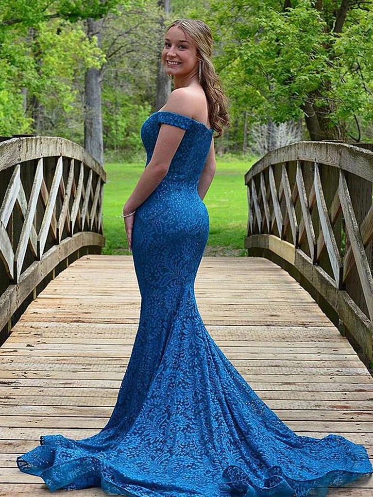Off Shoulder Blue Mermaid Lace Long Evening Dressesï¼_ormal Prom Dress SH639