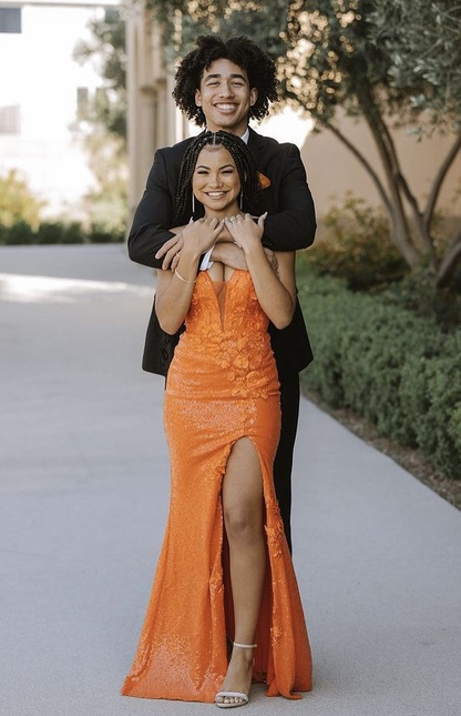 Orange V Neck Slit Prom Dress Long Evening Dress SH708