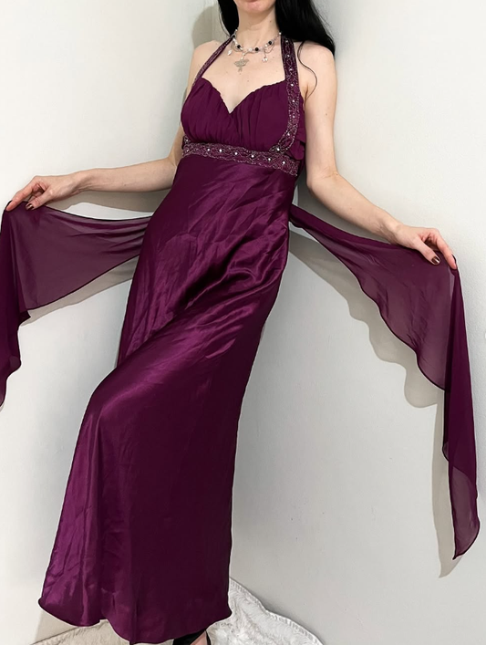 Vintage A Line Halter Beaded Purple Satin Open Back Prom Dress Graduation Prom Dress SH2585