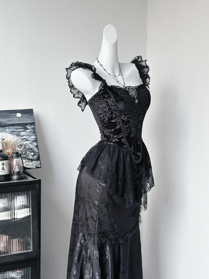 Vintage Black Satin Lace Long Party Dress Evening Dress S648