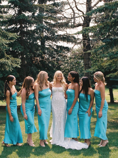 Stunning Sheath Strapless Blue Satin Bridesmaid Dress Evening Dress SH2836