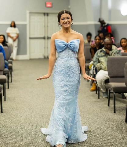 Blue Mermaid Strapless Lace Tulle Date Dress Prom Dress with Bow SH3884