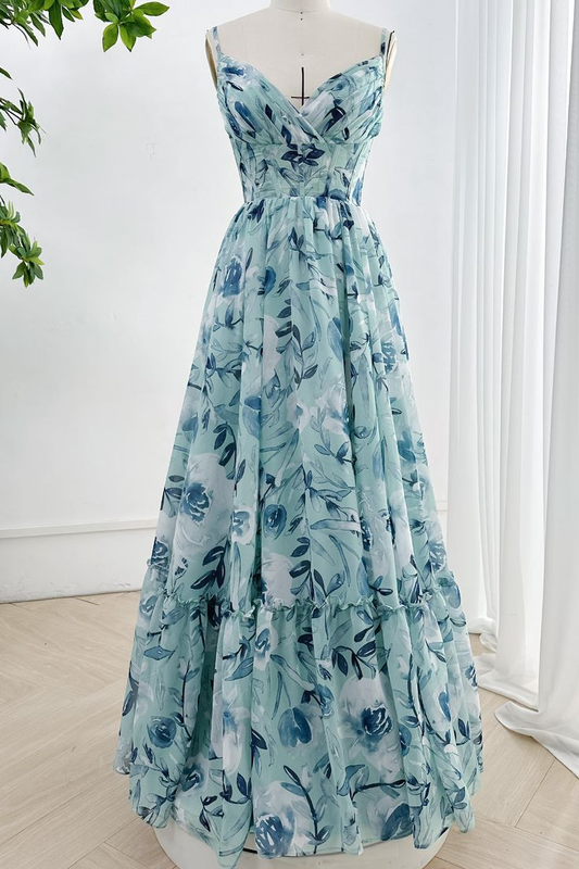 Spaghetti Straps Corset Floral Chiffon Tiered Prom Dress SH1373