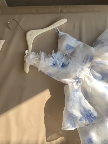 Beautiful Blue Chiffon Print Floral Short Holiday Dress Spaghetti Straps A Line Homecoming Dress S405