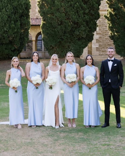 Elegant Sheath Halter Baby Blue Satin Bridesmaid Dress Evening Dress SH3198