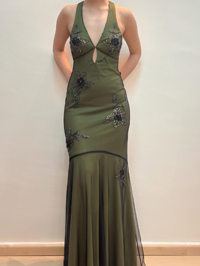Vintage Mermaid V Neck Beaded Green Chiffon Satin Prom Dress Evening Dress SH2119