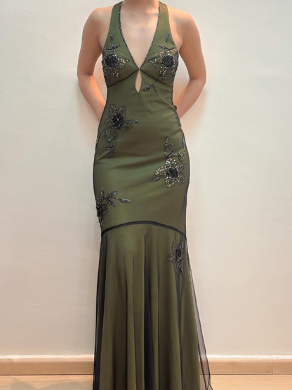 Vintage Mermaid V Neck Beaded Green Chiffon Satin Prom Dress Evening Dress SH2119