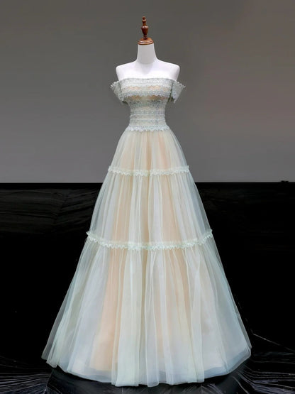 Mint green elegant lace long tulle prom dress evening dress party dress gh5124