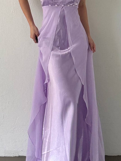 Cute A Line Spaghetti Strap Purple Satin Chiffon Long Prom Dress Evening Dress SH2610