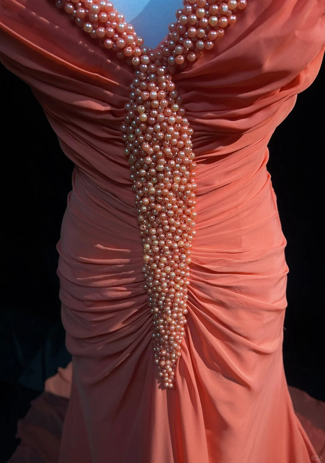Orange Gorgeous Retro Fashion V-Neck Elegant Exquisite Pearl Beads Long Tulle Chiffon Floor-Length Trailing Ball Gown Evening Dress Prom Dress gh3872