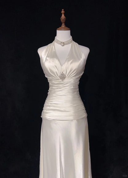 Ivory White Vintage Long Satin Elegant Ball Gown Evening Dress Graduation Dress Wedding Dress gh4490