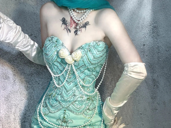 Blue gorgeous exquisite beaded long satin ball gown evening dress party dress gh4502