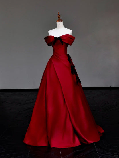 preppydressess -Red bow long satin prom dress evening dress party dress gh5115