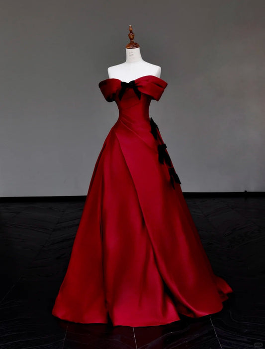 preppydressess -Red bow long satin prom dress evening dress party dress gh5115