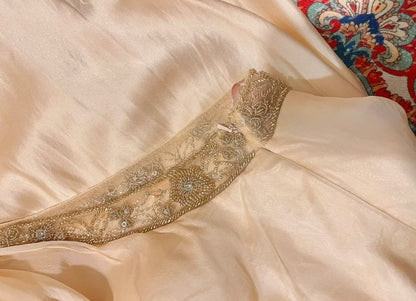 Champagne colored camisole exquisite bead embellishment long satin ball gown evening gown gh4510