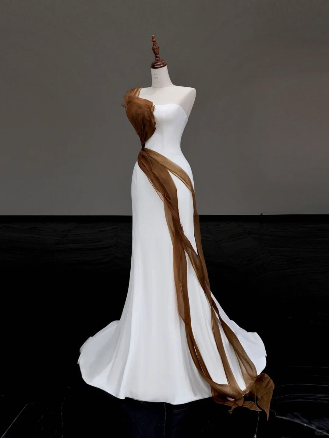 preppydressess -White simple brown ribbon long satin prom dress evening dress party dress gh5119