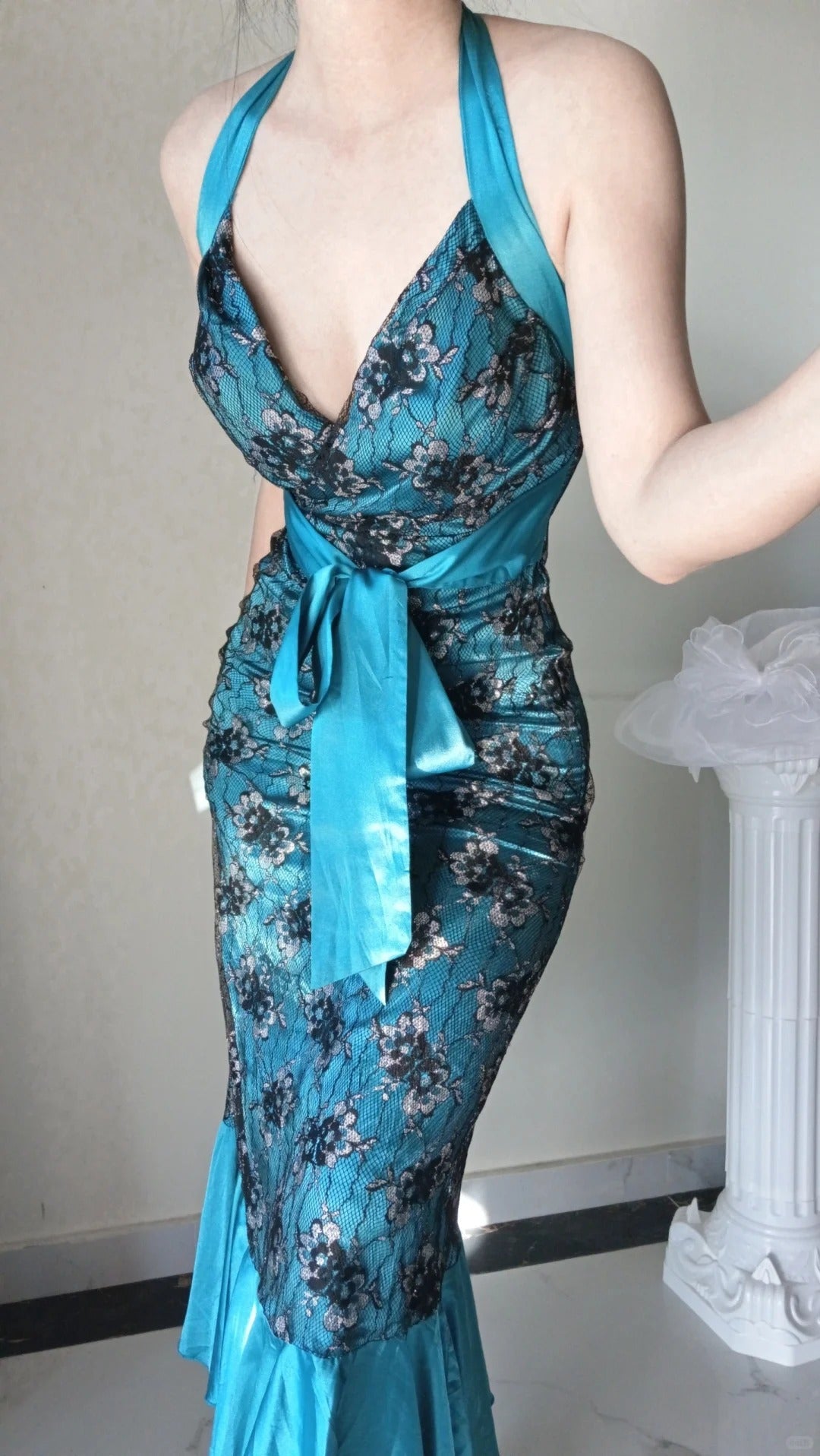 Blue Vintage Floral Elegant Long Satin Mermaid Slim Fit Ball Gown Evening Gown Party Dress gh4710