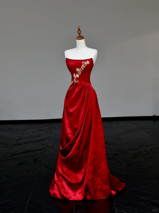 preppydressess -Red floral applique long satin prom dress evening gown party dress gh5113