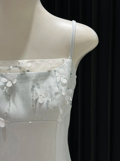 Ice blue floral satin short back to school dress, birthday party dress gh4648