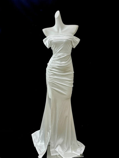 Gold Metallic/Light Champagne/White Fashion Long Satin Prom Dress Evening Dress Party Dress gh4840