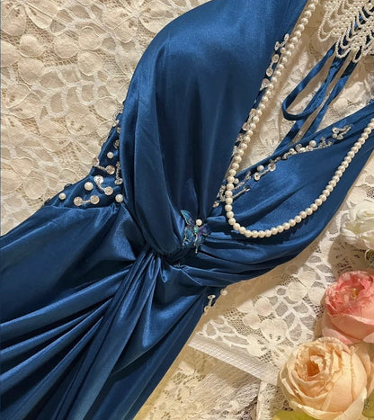 Blue Retro Elegant Fashion Long Satin Prom Dress Evening Gown Graduation Dress gh4257