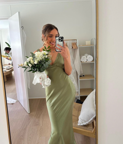 Cute Sheath V Neck Blue Satin Bridesmaid Dress Evening Dress SH2833