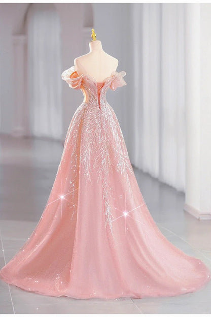 Pink gorgeous shiny dreamy elegant fashion exquisite beaded long floor-length trailing tulle ball gown evening dress gh4000