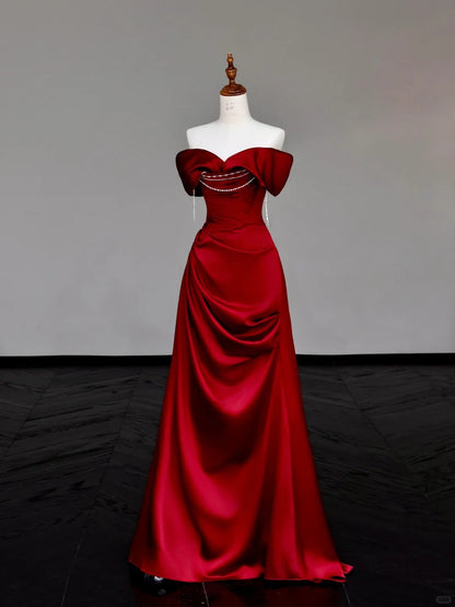 preppydressess -Red pearl beaded long satin prom dress evening dress party dress gh5114