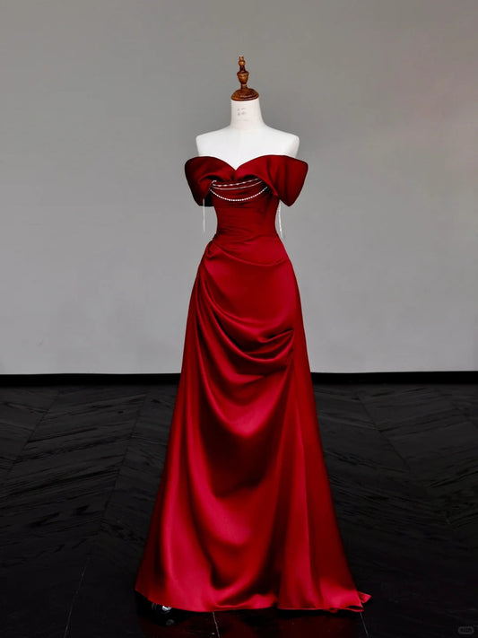 preppydressess -Red pearl beaded long satin prom dress evening dress party dress gh5114