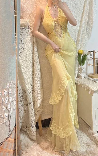 Yellow beaded elegant long chiffon ball gown evening dress party dress gh4467