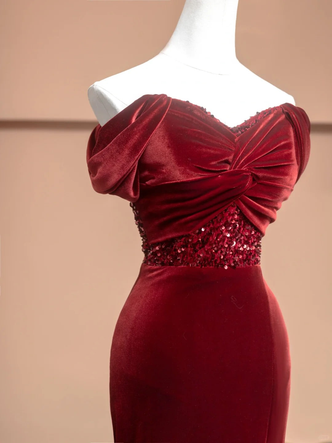 Burgundy Velvet Beading Elegant Fashion Long Mermaid Slim Prom Dress Evening Dress Party Dress gh4877