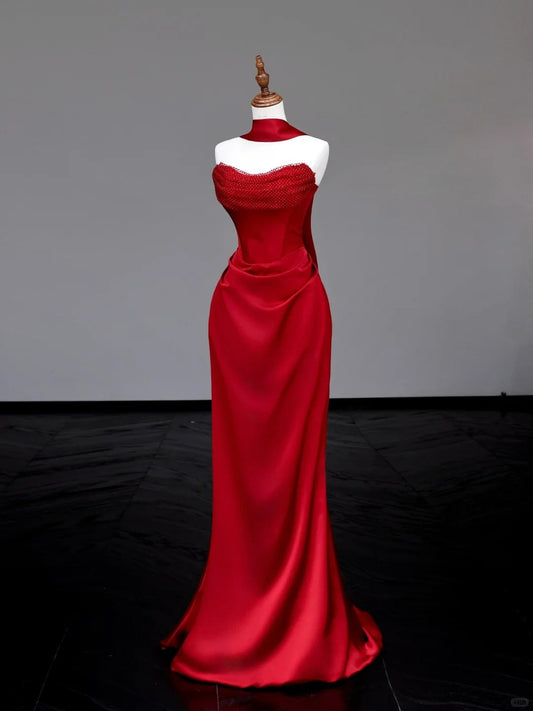 preppydressess -Red simple unique long satin prom dress evening dress party dress gh5116