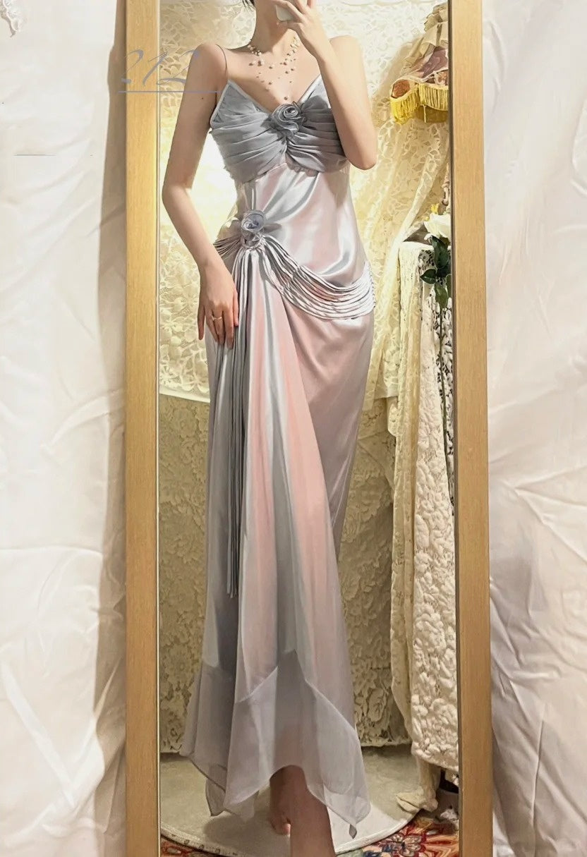 Grey blue floral long satin ball gown, evening gown, graduation gown gh4508