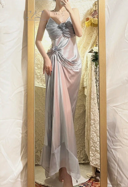 Grey blue floral long satin ball gown, evening gown, graduation gown gh4508