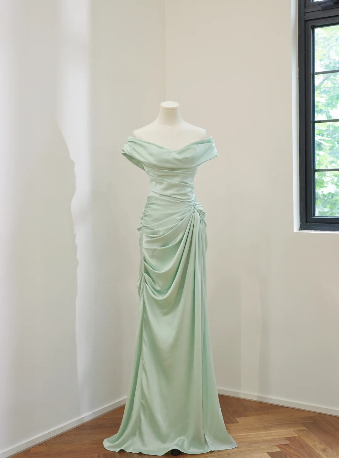 Mint Green Simple Fashion Off Shoulder Long Satin Prom Dress Evening Dress Party Dress Bridesmaid Dress gh5057