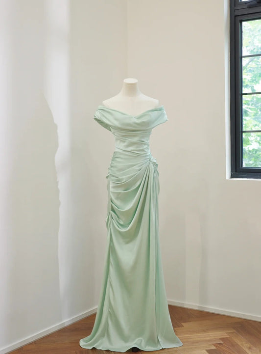 Mint Green Simple Fashion Off Shoulder Long Satin Prom Dress Evening Dress Party Dress Bridesmaid Dress gh5057