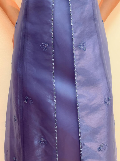 Stunning A Line Spaghetti Strap Beaded Purple Tulle Satin Prom Dress Evening Dress SH2223