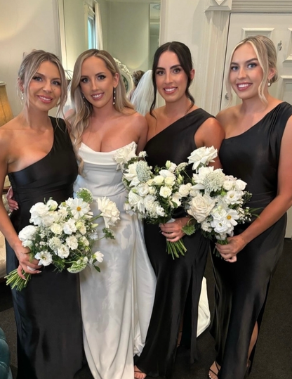 Pretty Sheath One Shoulder Black Satin Bridesmaid Dress Evening Dress with Slit SH3206