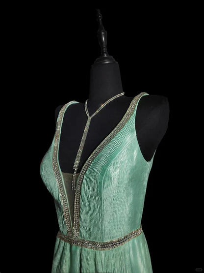 Mint Green Fashion Elegant V-neck Long Mermaid Slim Fishtail Skirt Satin Floor Length Train Ball Gown Evening Gown Party Dress Prom Dress gh3817