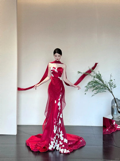 Red Elegant Delicate Floral Fashion Elegant Long Satin Tulle Mermaid Slim Fit Floor Length Trailing Ball Gown Evening Gown Prom Gown gh3733